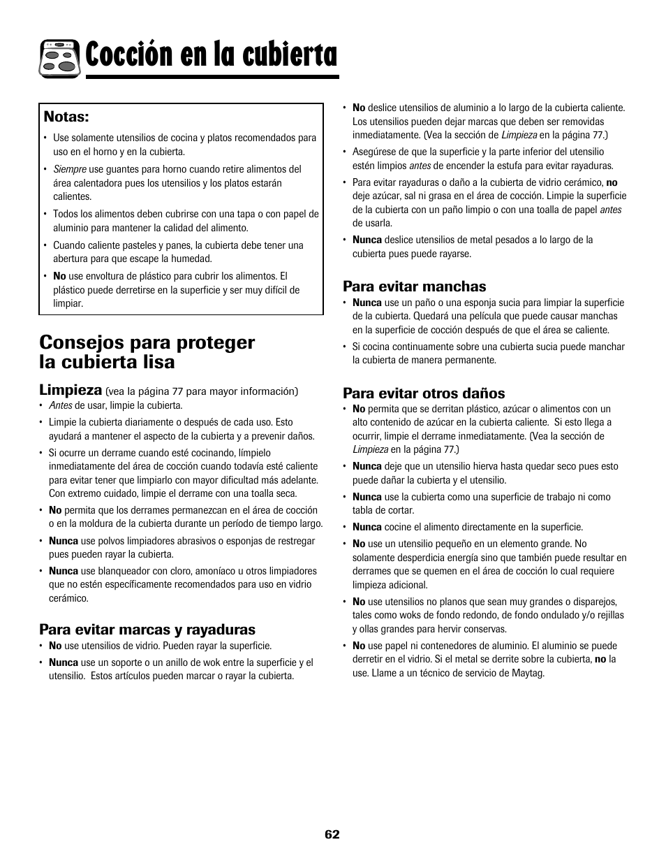 8113p636-60.p63, Cocción en la cubierta, Consejos para proteger la cubierta lisa | Para evitar manchas, Para evitar otros daños, Limpieza, Para evitar marcas y rayaduras, Notas | Maytag 8113P636-60 User Manual | Page 63 / 84