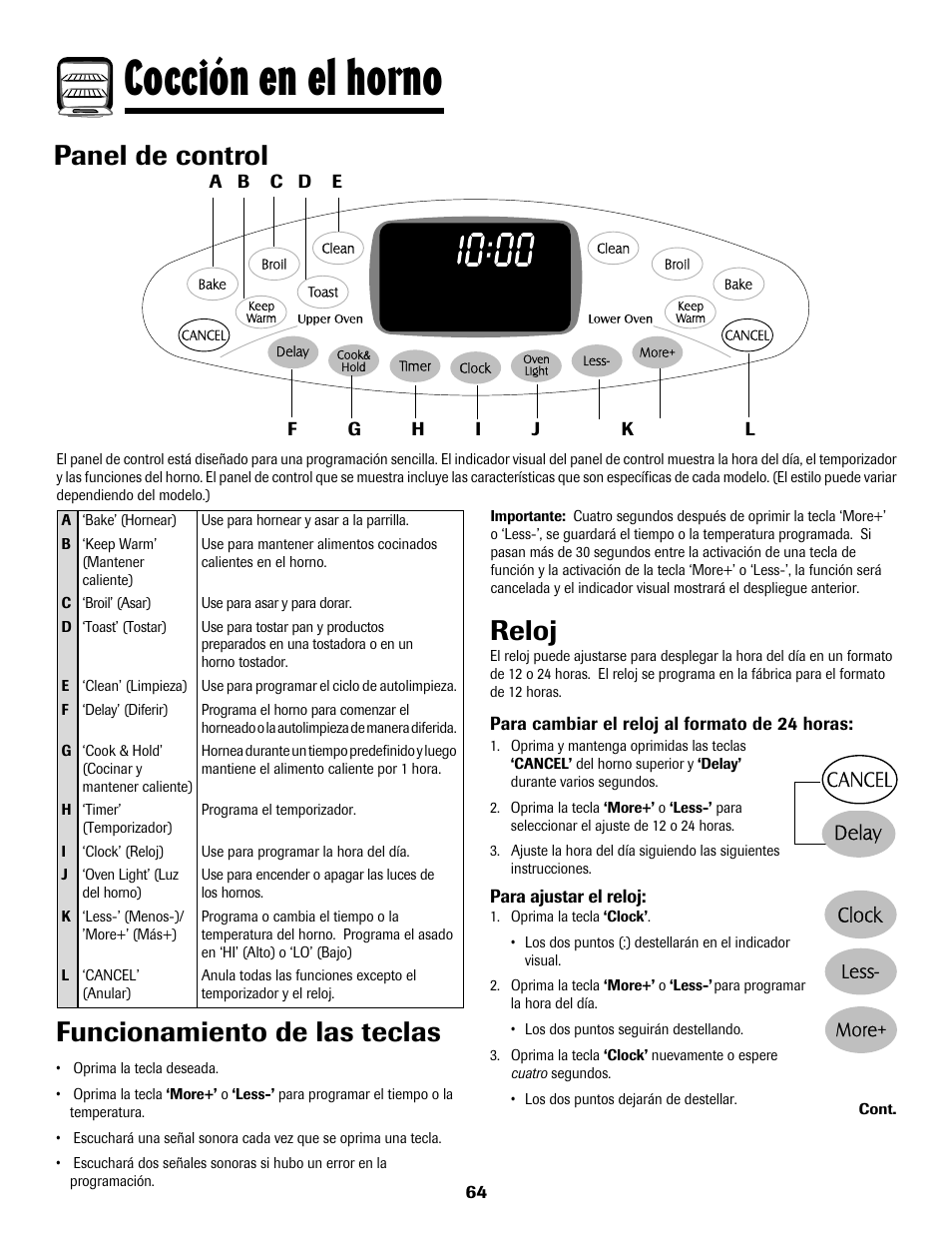 8113p636-60.p65, Cocción en el horno, Panel de control | Funcionamiento de las teclas, Reloj | Maytag 8113P636-60 User Manual | Page 65 / 84