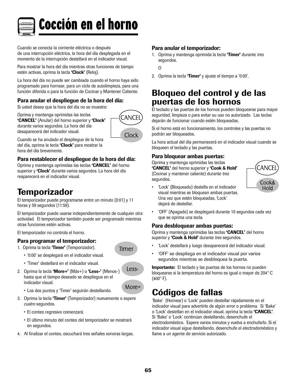 8113p636-60.p66, Cocción en el horno, Temporizador | Bloqueo del control y de las puertas de los hornos, Códigos de fallas | Maytag 8113P636-60 User Manual | Page 66 / 84
