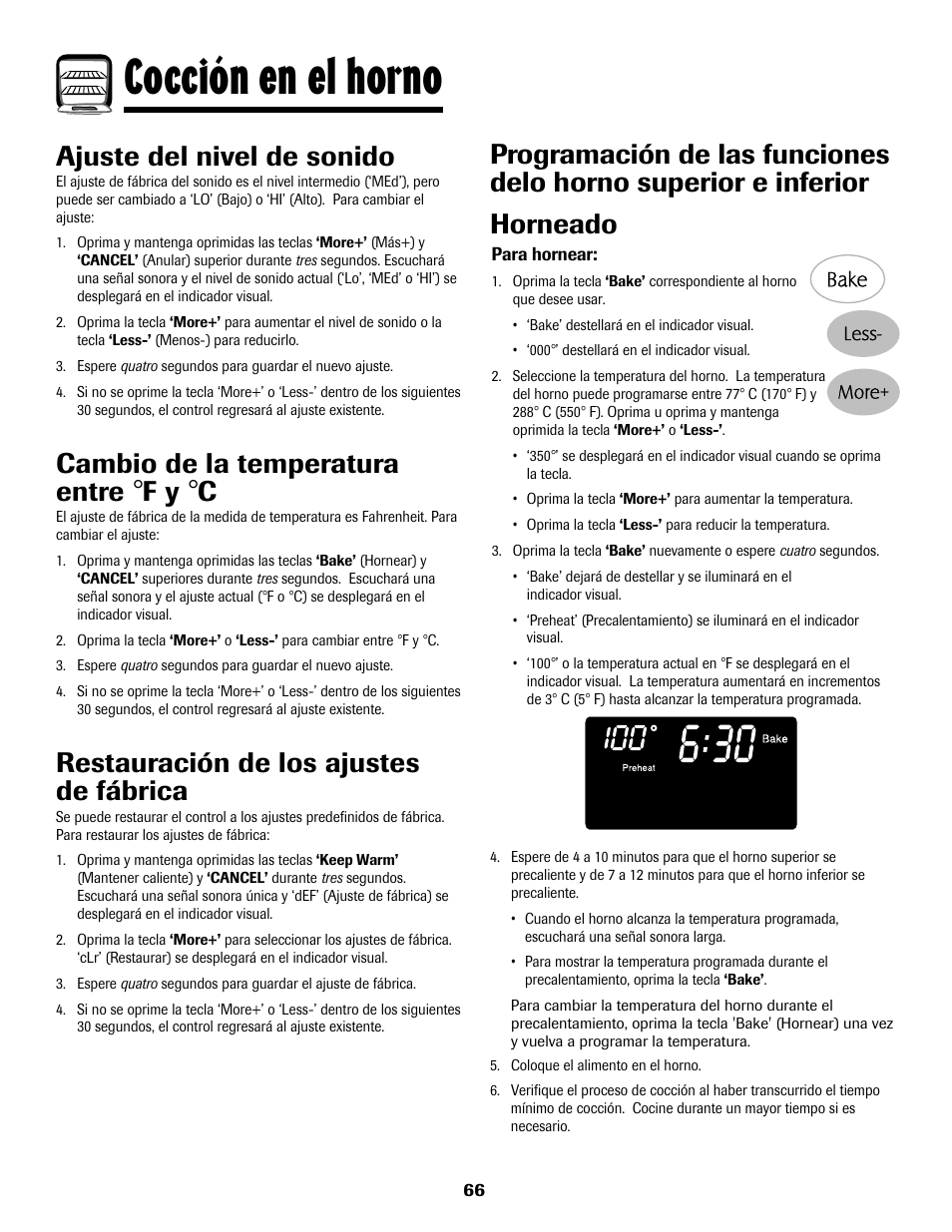 8113p636-60.p67, Cocción en el horno, Ajuste del nivel de sonido | Cambio de la temperatura entre, Restauración de los ajustes de fábrica | Maytag 8113P636-60 User Manual | Page 67 / 84