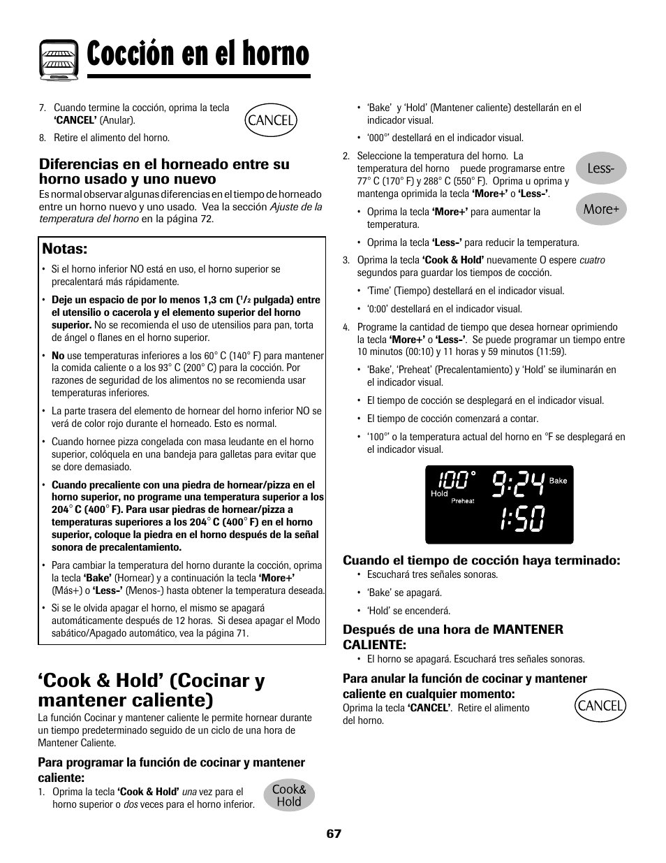8113p636-60.p68, Cocción en el horno, Cook & hold’ (cocinar y mantener caliente) | Notas | Maytag 8113P636-60 User Manual | Page 68 / 84