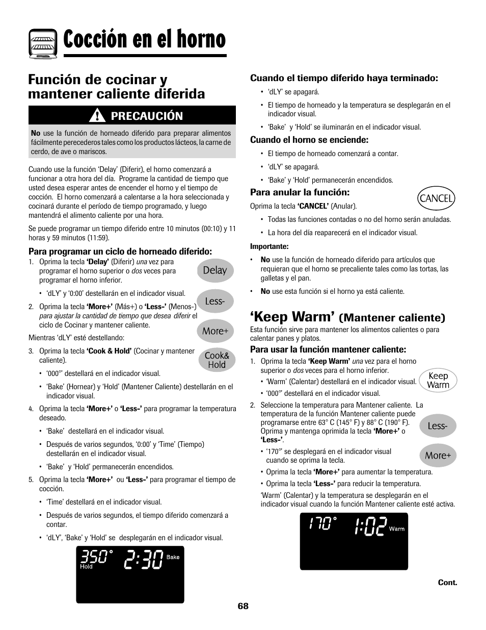 8113p636-60.p69, Cocción en el horno, Función de cocinar y mantener caliente diferida | Keep warm, Precaución, Mantener caliente) | Maytag 8113P636-60 User Manual | Page 69 / 84