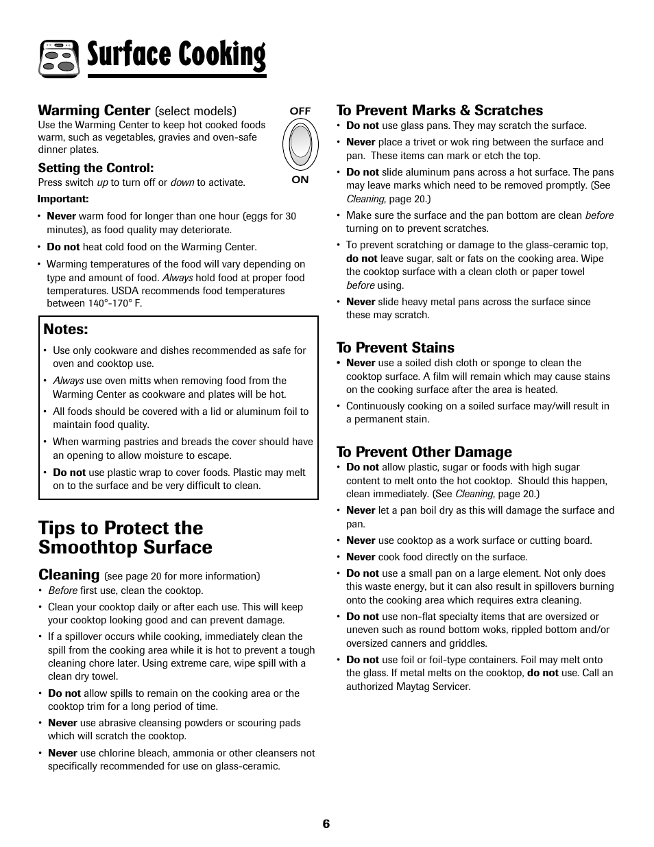 8113p636-60.p7, Surface cooking, Tips to protect the smoothtop surface | Cleaning, Warming center | Maytag 8113P636-60 User Manual | Page 7 / 84