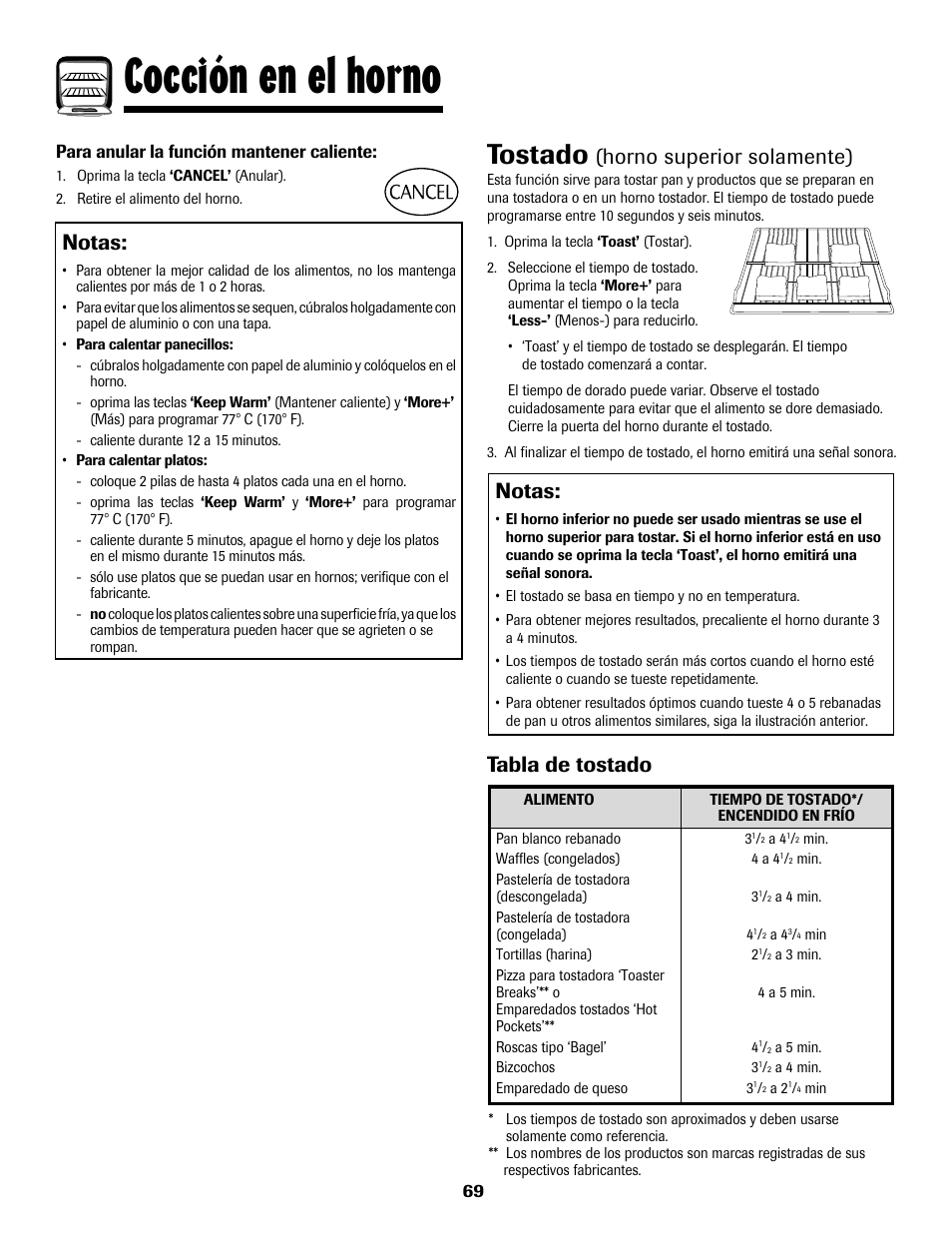 8113p636-60.p70, Cocción en el horno, Tostado | Notas, Horno superior solamente), Tabla de tostado, Para anular la función mantener caliente | Maytag 8113P636-60 User Manual | Page 70 / 84