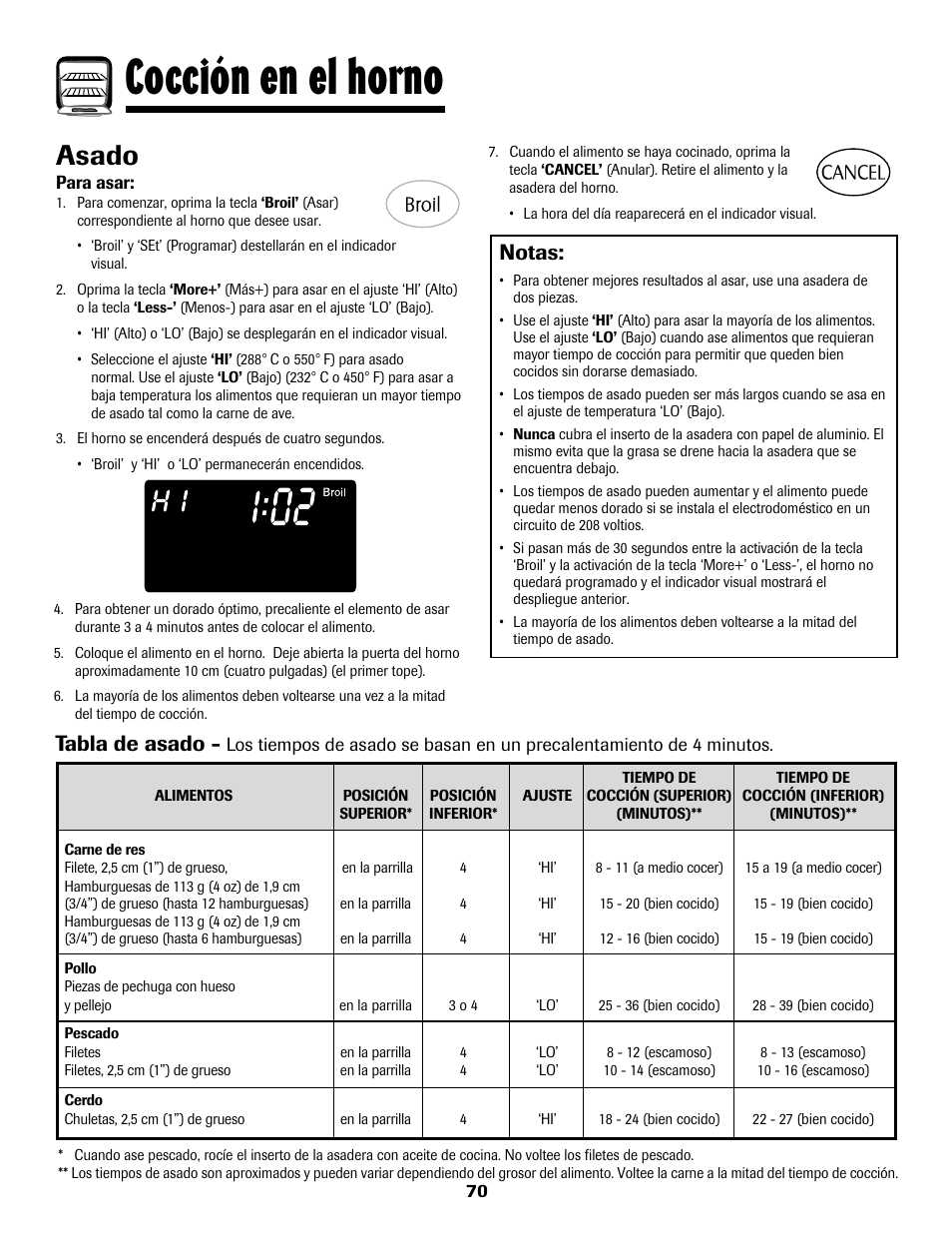 8113p636-60.p71, Cocción en el horno, Asado | Tabla de asado, Notas | Maytag 8113P636-60 User Manual | Page 71 / 84