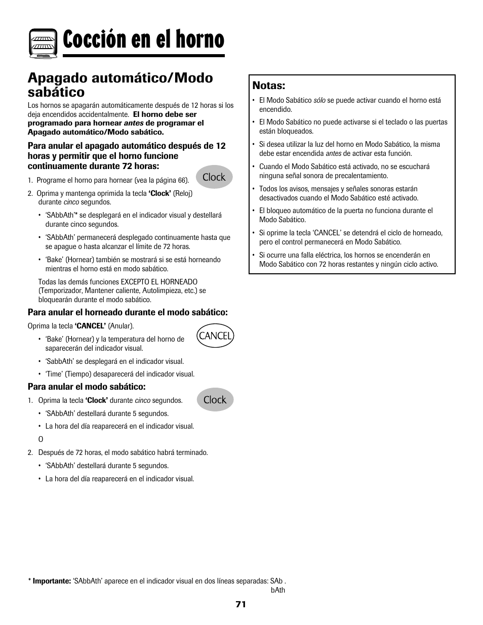 8113p636-60.p72, Cocción en el horno, Apagado automático/modo sabático | Notas | Maytag 8113P636-60 User Manual | Page 72 / 84