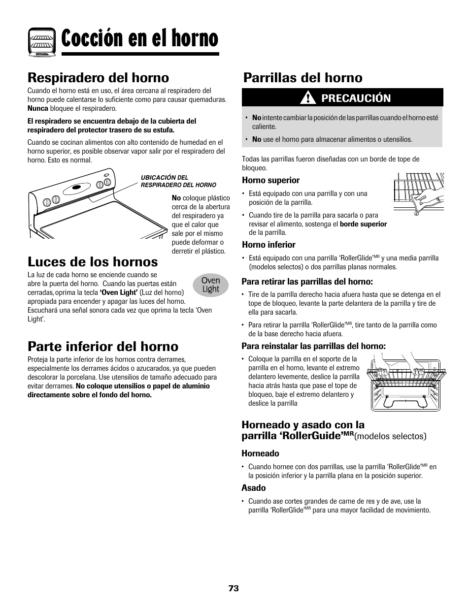 8113p636-60.p74, Cocción en el horno, Luces de los hornos | Parte inferior del horno, Respiradero del horno, Parrillas del horno, Precaución, Horneado y asado con la parrilla ‘rollerguide | Maytag 8113P636-60 User Manual | Page 74 / 84