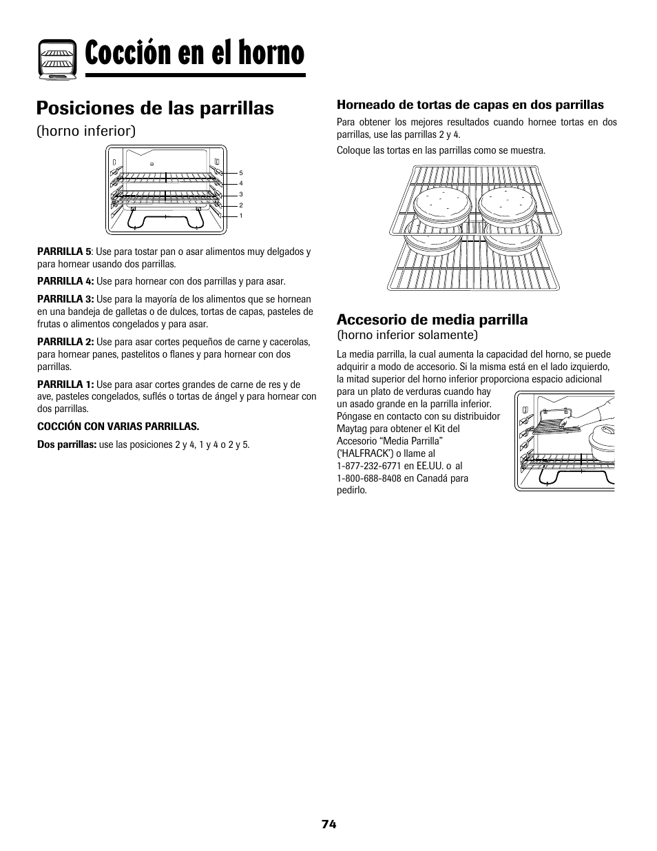 8113p636-60.p75, Cocción en el horno, Posiciones de las parrillas | Horno inferior) accesorio de media parrilla | Maytag 8113P636-60 User Manual | Page 75 / 84