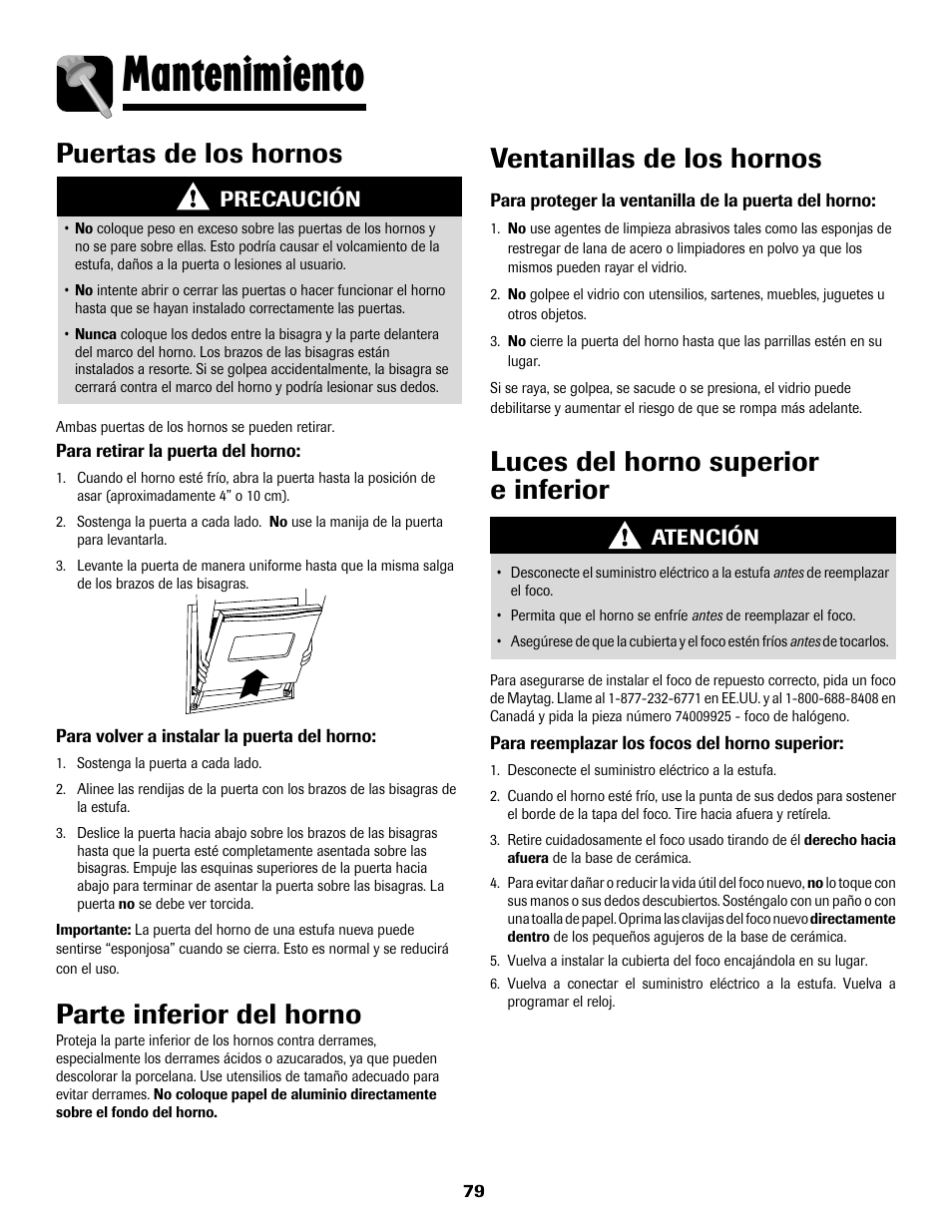 8113p636-60.p80, Mantenimiento, Puertas de los hornos ventanillas de los hornos | Luces del horno superior e inferior, Parte inferior del horno, Precaución atención | Maytag 8113P636-60 User Manual | Page 80 / 84