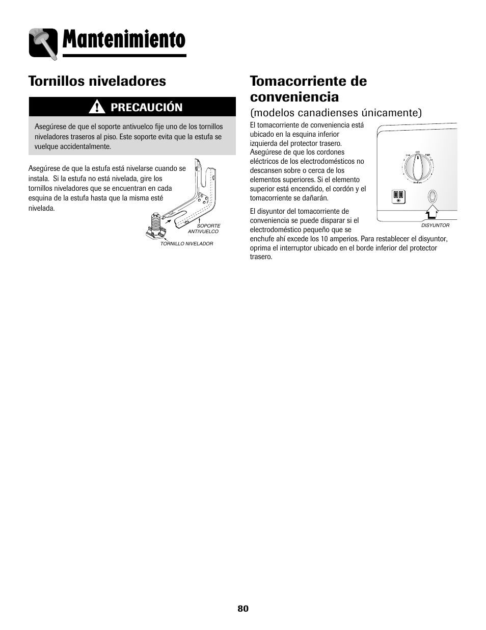 8113p636-60.p81, Mantenimiento, Tomacorriente de conveniencia | Tornillos niveladores, Modelos canadienses únicamente), Precaución | Maytag 8113P636-60 User Manual | Page 81 / 84