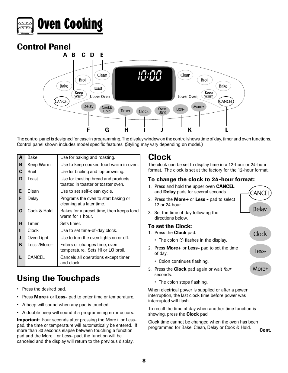 8113p636-60.p9, Oven cooking, Control panel | Using the touchpads, Clock | Maytag 8113P636-60 User Manual | Page 9 / 84
