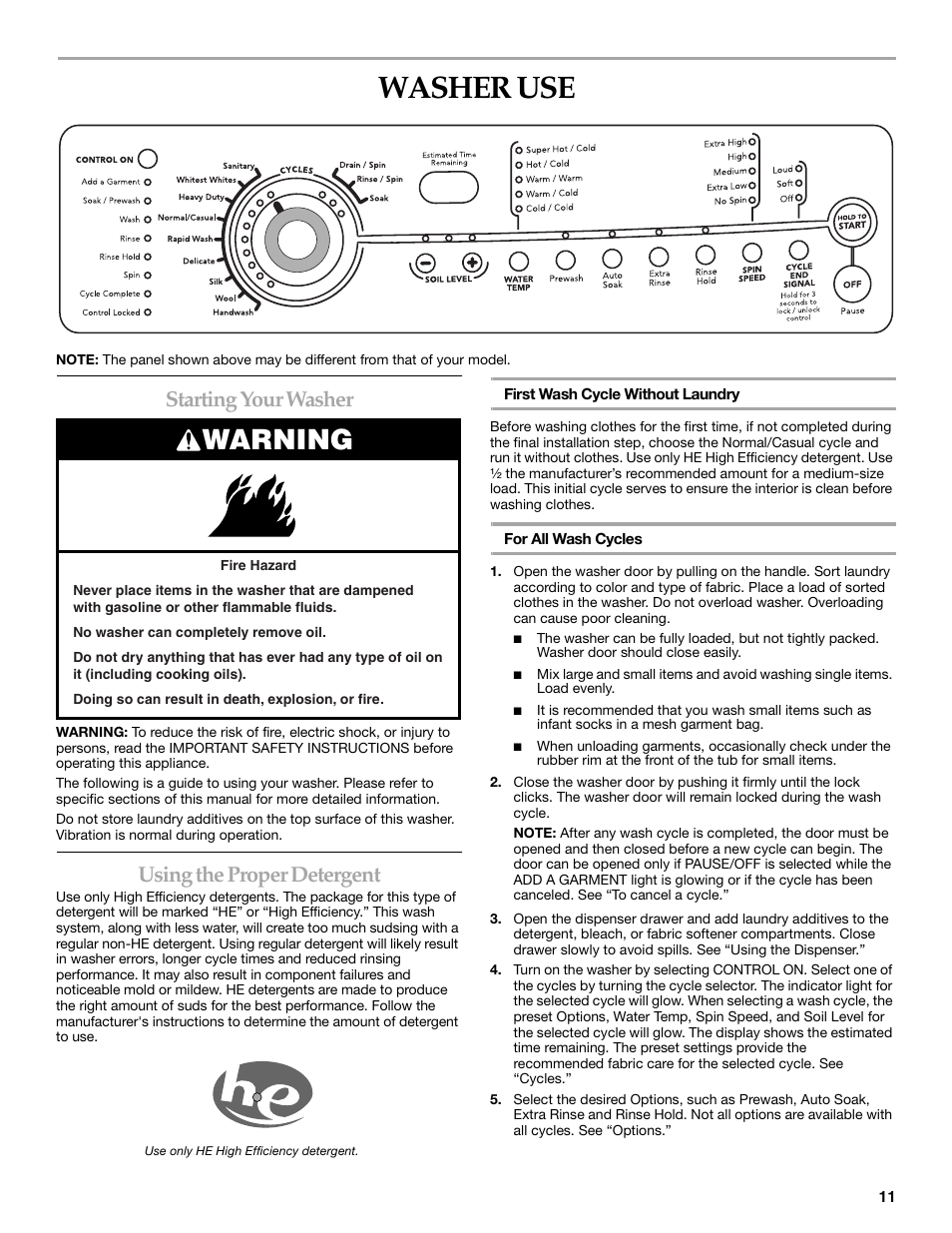 Washer use, Warning, Starting your washer | Using the proper detergent | Maytag 8182969 User Manual | Page 11 / 72