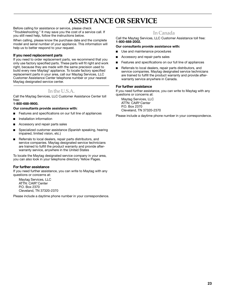 Assistance or service | Maytag 8182969 User Manual | Page 23 / 72