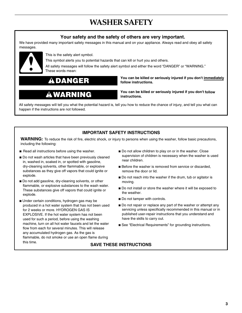 Washer safety, Danger warning | Maytag 8182969 User Manual | Page 3 / 72