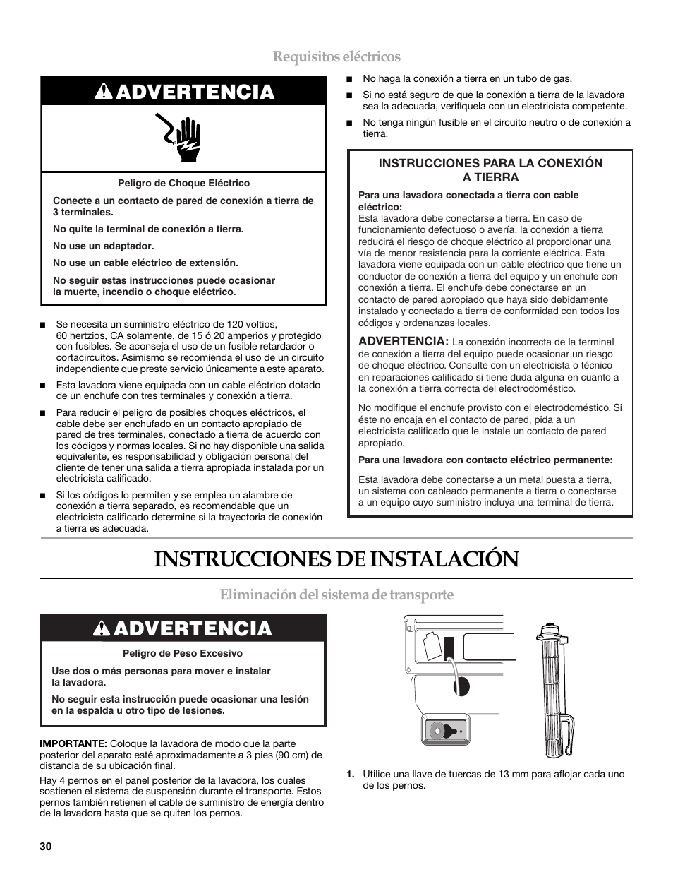Instrucciones de instalación, Advertencia, Requisitos eléctricos | Eliminación del sistema de transporte | Maytag 8182969 User Manual | Page 30 / 72