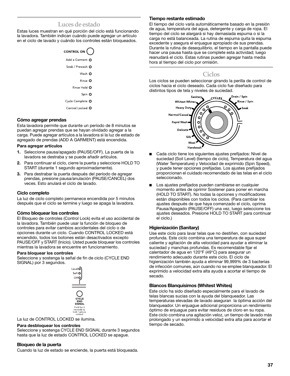 Luces de estado, Ciclos | Maytag 8182969 User Manual | Page 37 / 72