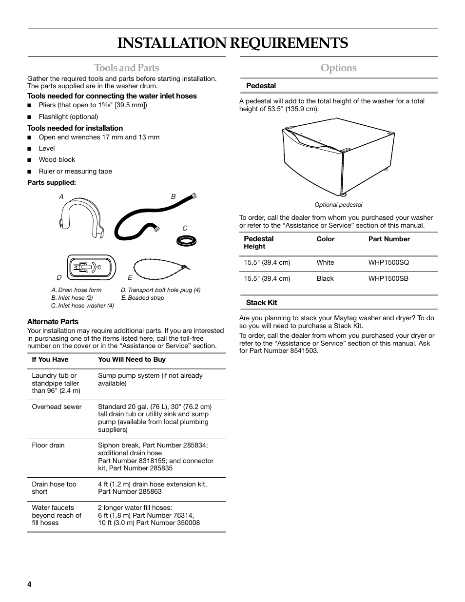 Installation requirements, Tools and parts, Options | Maytag 8182969 User Manual | Page 4 / 72
