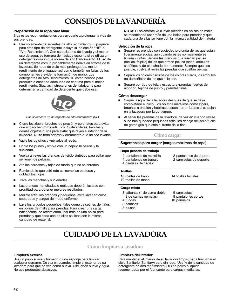 Consejos de lavandería, Cuidado de la lavadora, Cómo cargar | Cómo limpiar su lavadora | Maytag 8182969 User Manual | Page 42 / 72