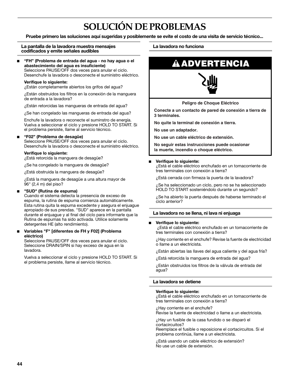 Solución de problemas, Advertencia | Maytag 8182969 User Manual | Page 44 / 72