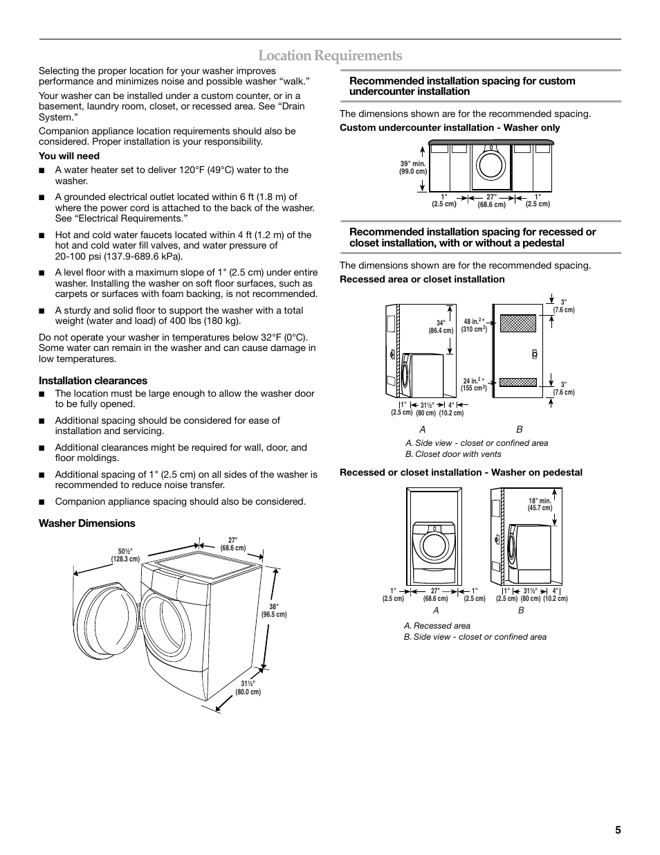 Location requirements, Installation clearances | Maytag 8182969 User Manual | Page 5 / 72