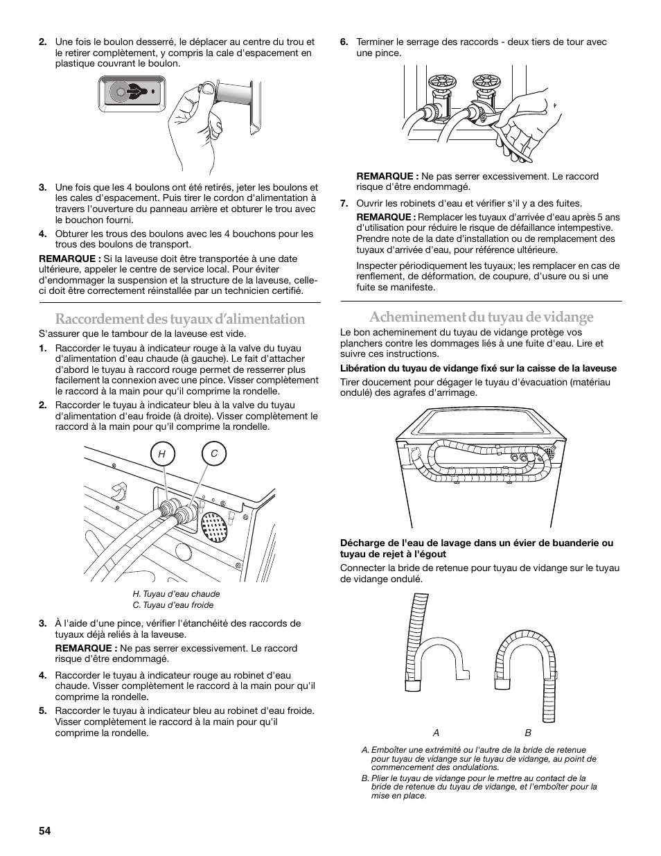 Raccordement des tuyaux d’alimentation, Acheminement du tuyau de vidange | Maytag 8182969 User Manual | Page 54 / 72