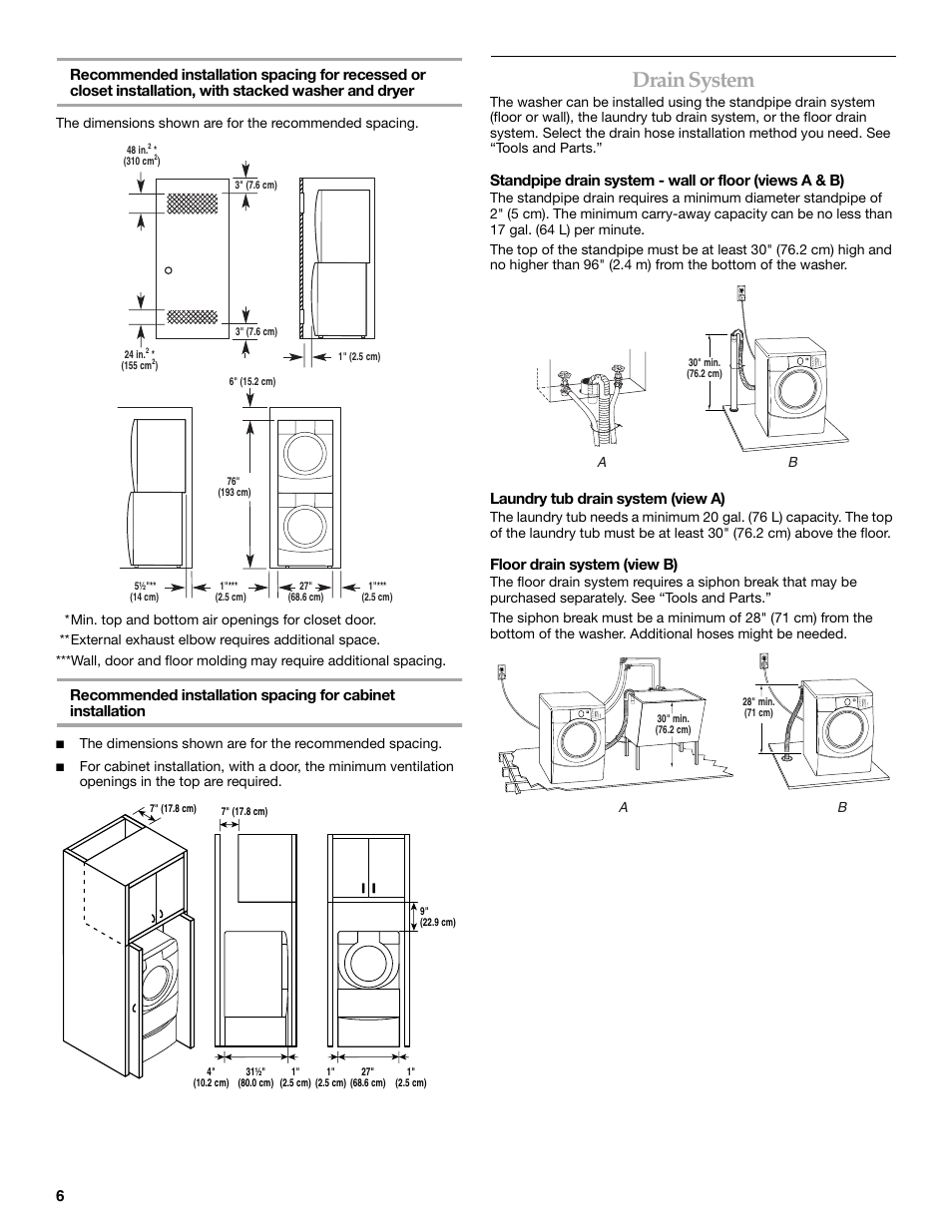 Drain system, Laundry tub drain system (view a), Floor drain system (view b) | Maytag 8182969 User Manual | Page 6 / 72