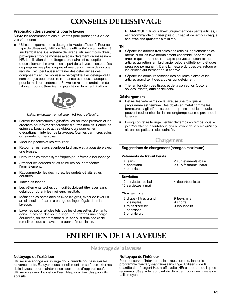 Conseils de lessivage, Entretien de la laveuse, Chargement | Nettoyage de la laveuse | Maytag 8182969 User Manual | Page 65 / 72