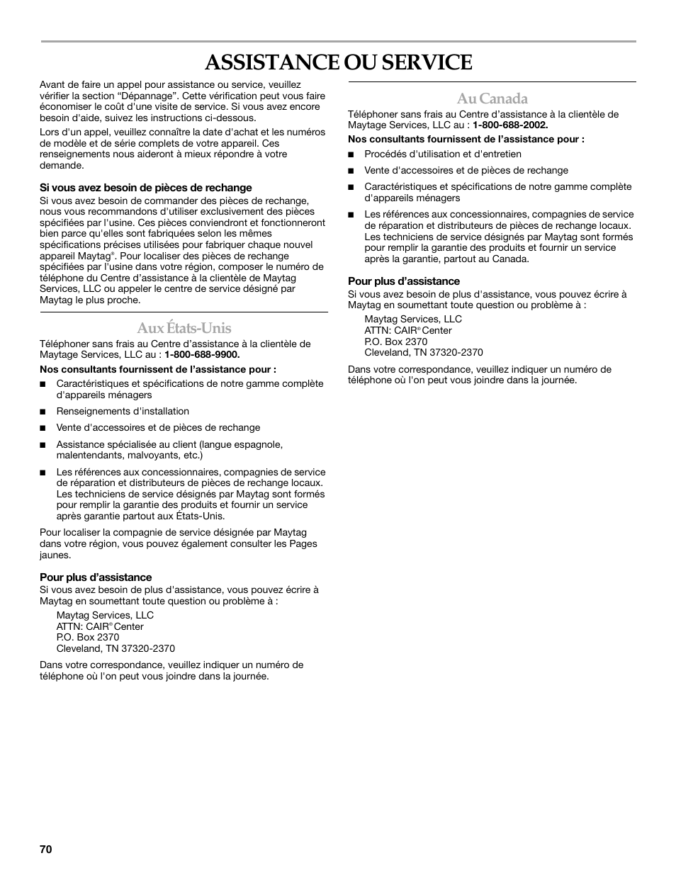 Assistance ou service, Aux états-unis, Au canada | Maytag 8182969 User Manual | Page 70 / 72