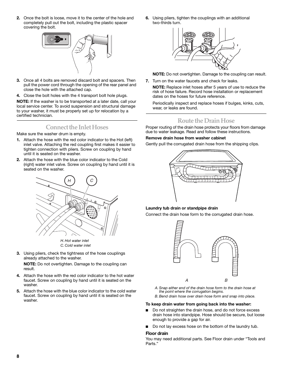 Connect the inlet hoses, Route the drain hose | Maytag 8182969 User Manual | Page 8 / 72