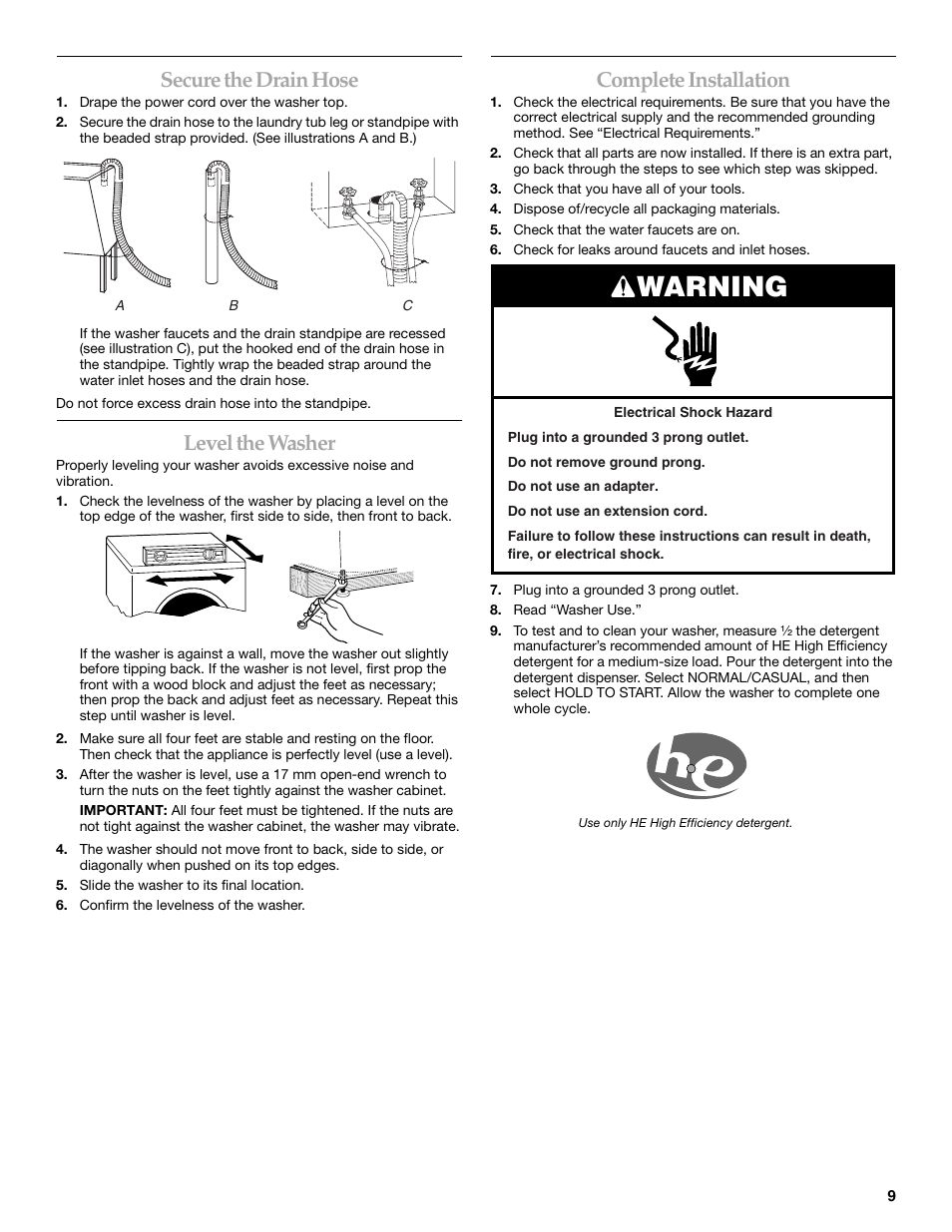 Warning, Secure the drain hose, Level the washer | Complete installation | Maytag 8182969 User Manual | Page 9 / 72