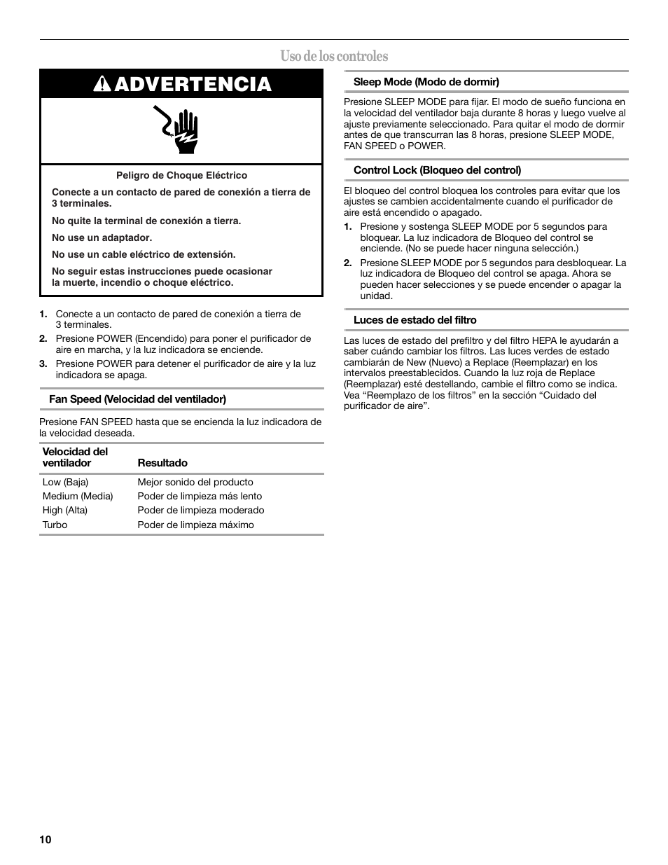 Advertencia, Uso de los controles | Maytag MT-AP510 User Manual | Page 10 / 20