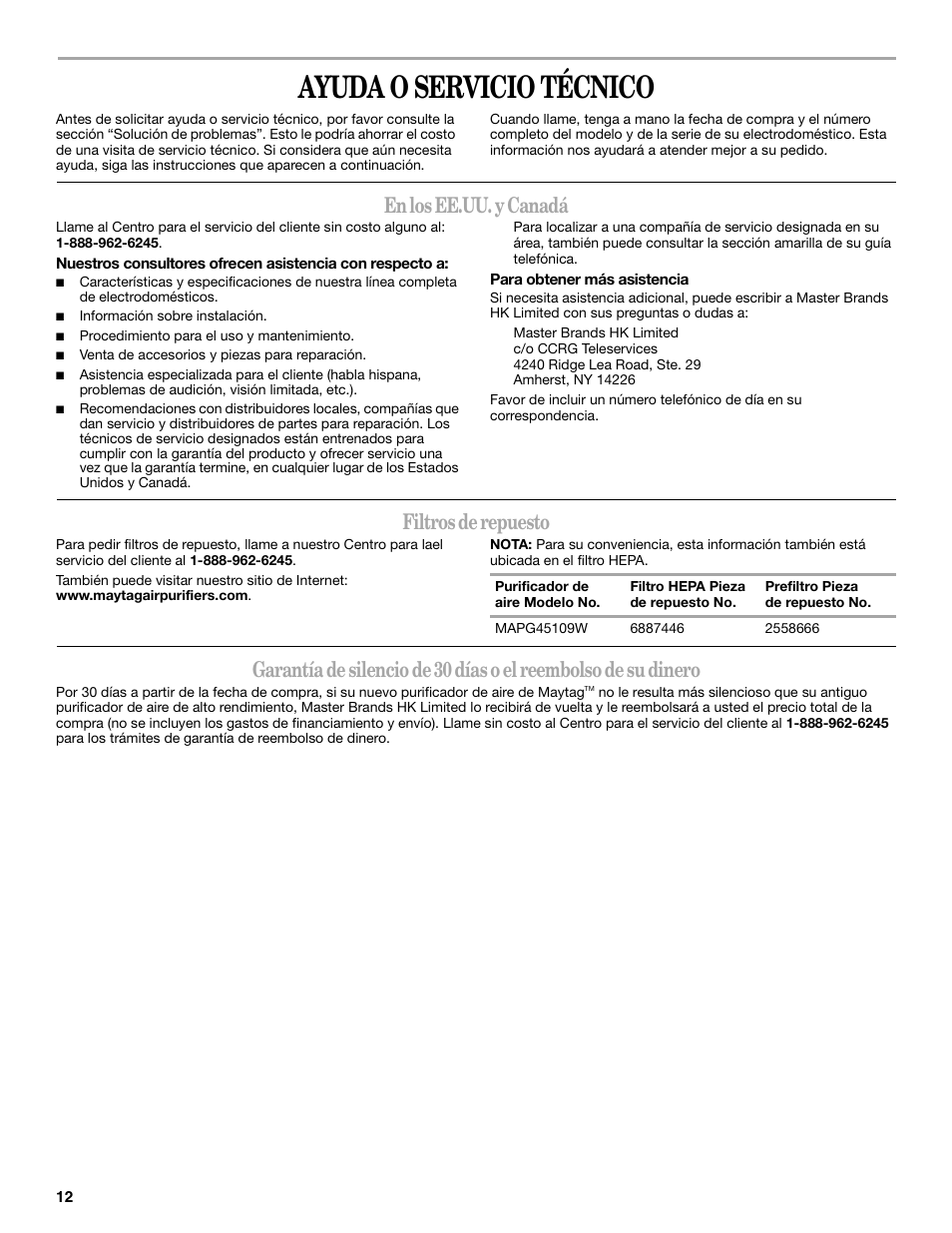 Ayuda o servicio técnico, En los ee.uu. y canadá, Filtros de repuesto | Maytag MT-AP510 User Manual | Page 12 / 20