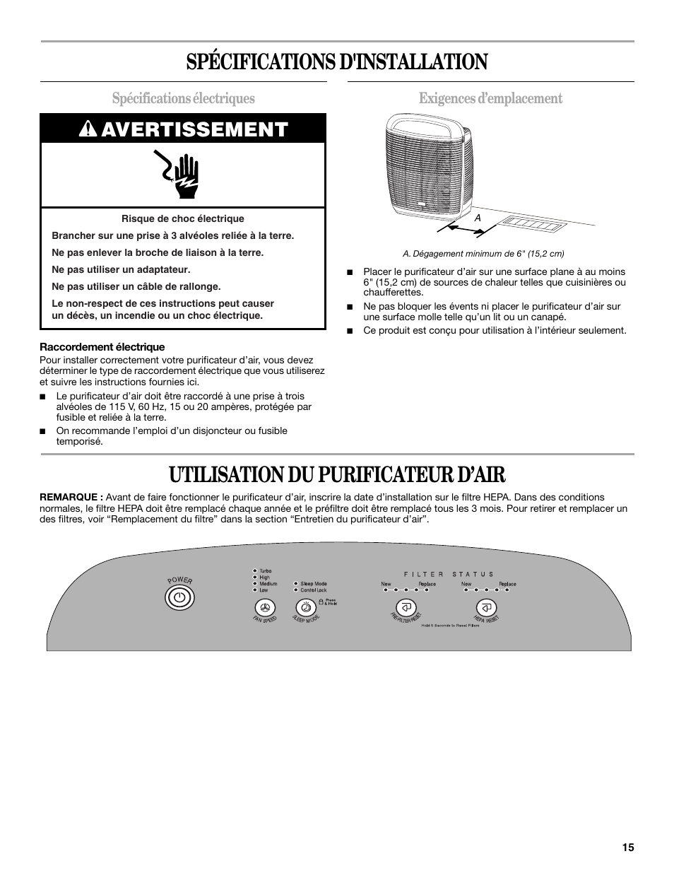 Spécifications d'installation, Utilisation du purificateur d’air, Avertissement | Spécifications électriques, Exigences d’emplacement | Maytag MT-AP510 User Manual | Page 15 / 20