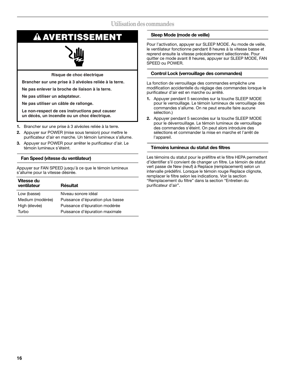 Avertissement, Utilisation des commandes | Maytag MT-AP510 User Manual | Page 16 / 20