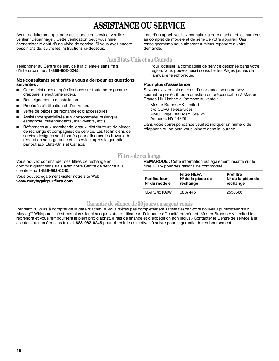 Assistance ou service, Aux états-unis et au canada, Filtres de rechange | Garantie de silence de 30 jours ou argent remis | Maytag MT-AP510 User Manual | Page 18 / 20