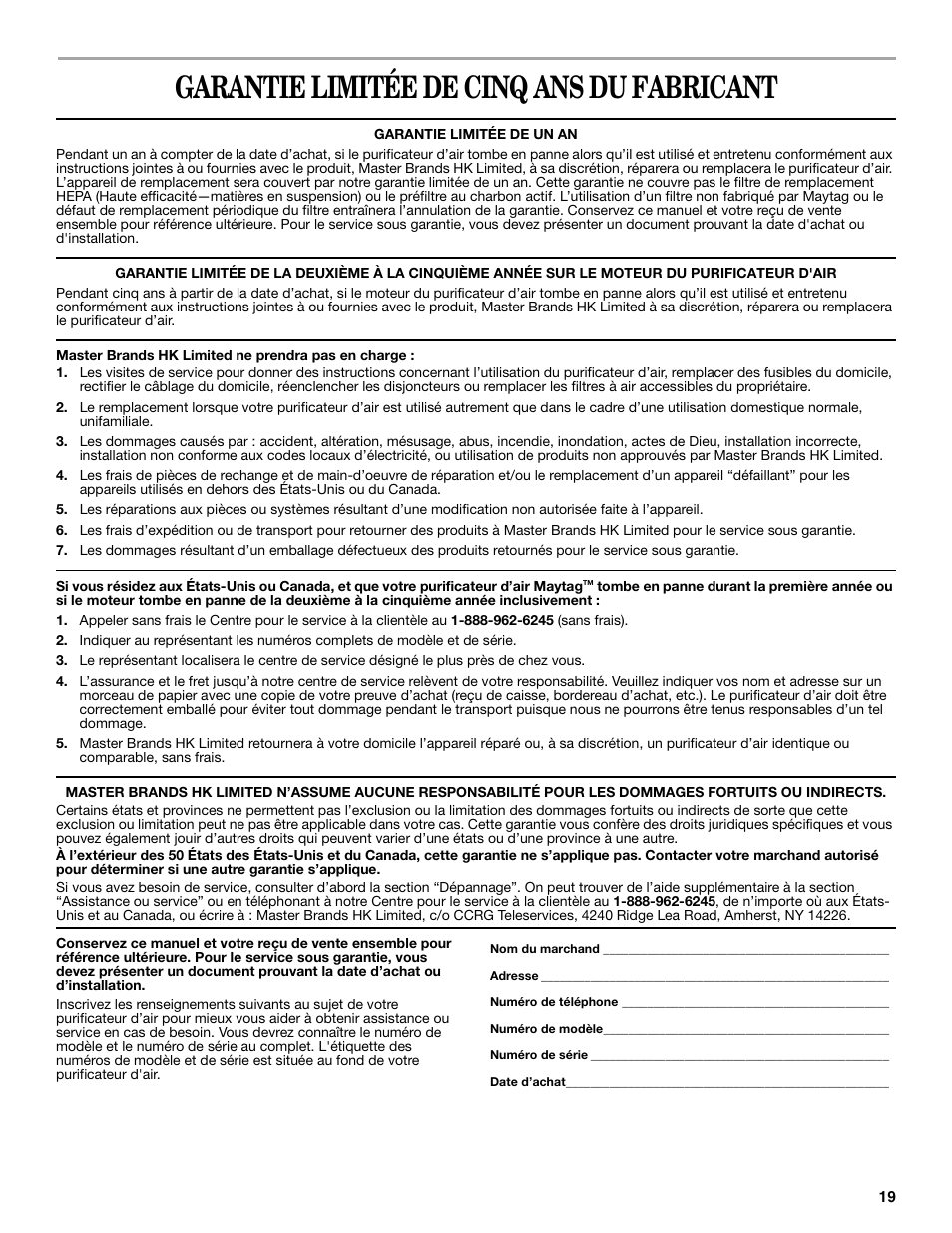 Garantie limitée de cinq ans du fabricant | Maytag MT-AP510 User Manual | Page 19 / 20