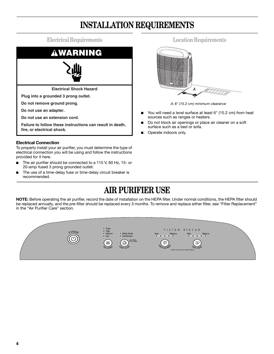Installation requirements, Air purifier use, Warning | Electrical requirements, Location requirements | Maytag MT-AP510 User Manual | Page 4 / 20