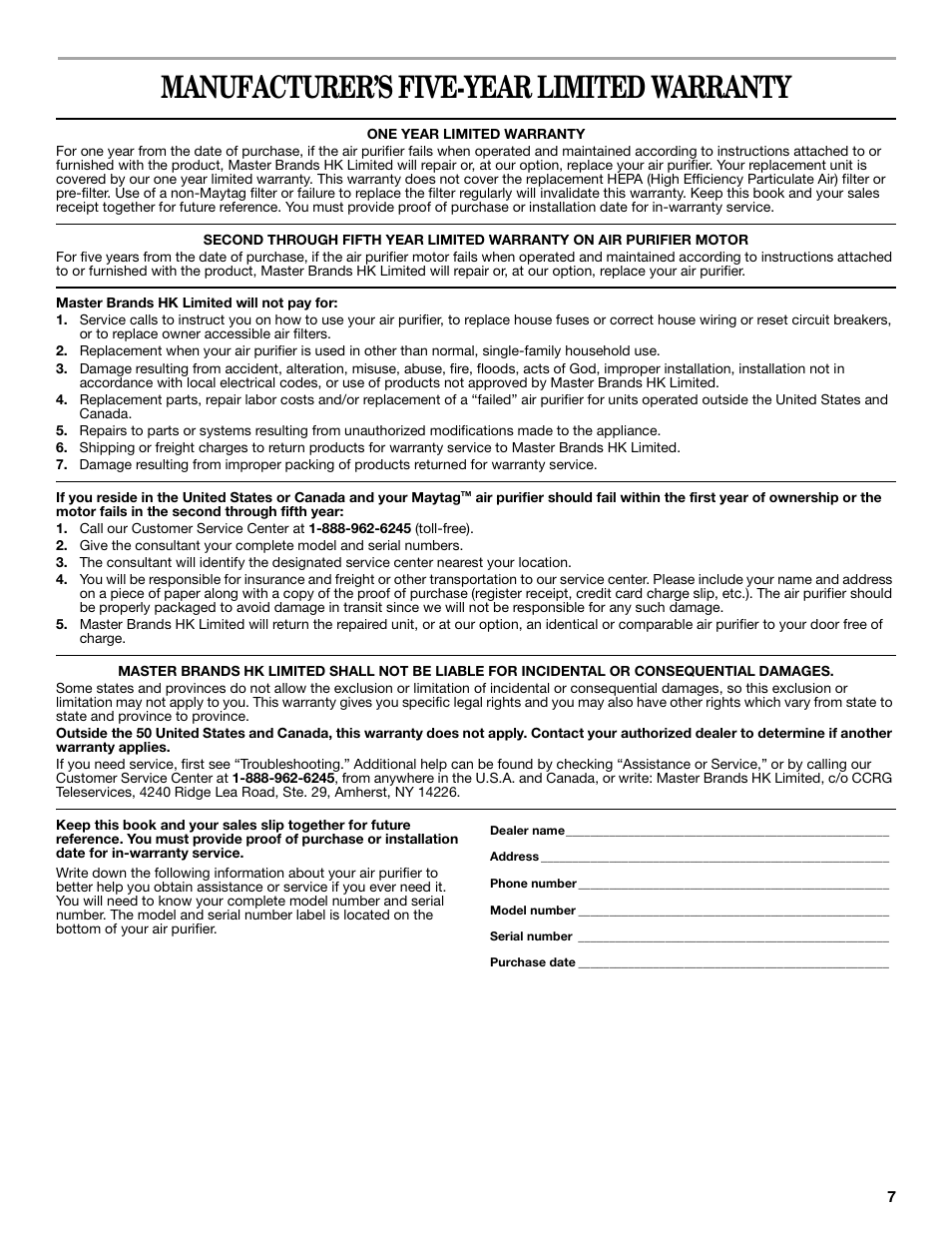 Manufacturer’s five-year limited warranty | Maytag MT-AP510 User Manual | Page 7 / 20