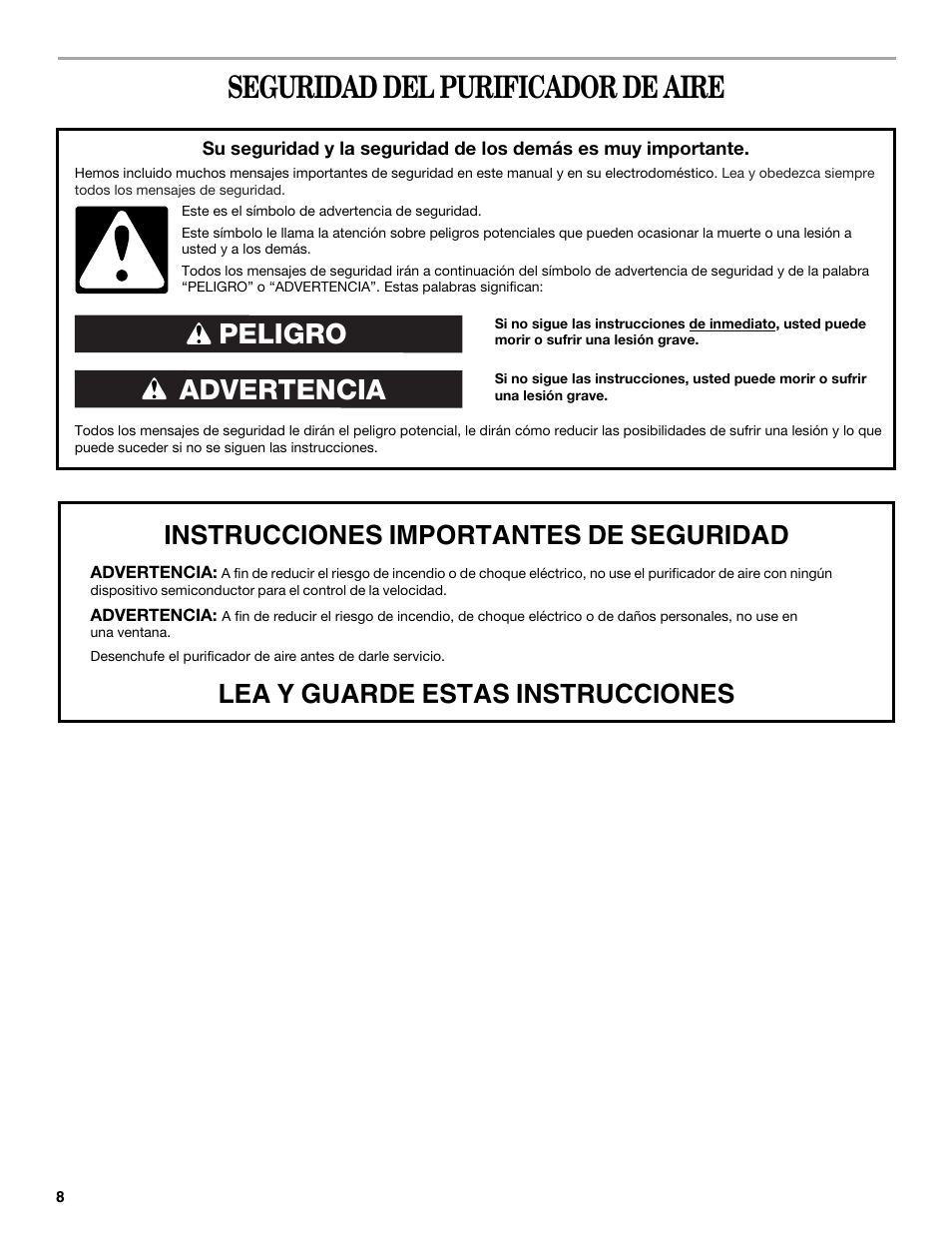 Seguridad del purificador de aire, Advertencia peligro | Maytag MT-AP510 User Manual | Page 8 / 20