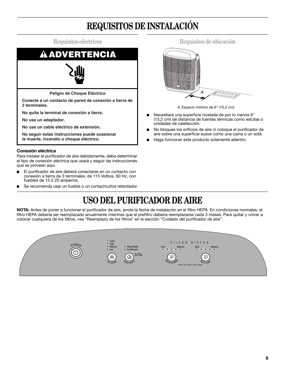 Requisitos de instalación, Uso del purificador de aire, Advertencia | Requisitos eléctricos, Requisitos de ubicación | Maytag MT-AP510 User Manual | Page 9 / 20