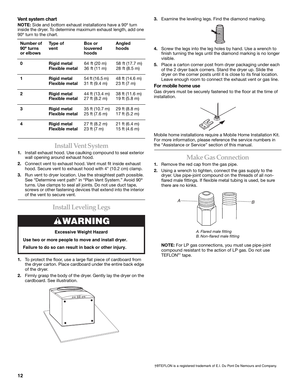 Warning, Install vent system, Install leveling legs | Make gas connection | Maytag W10099060 User Manual | Page 12 / 76