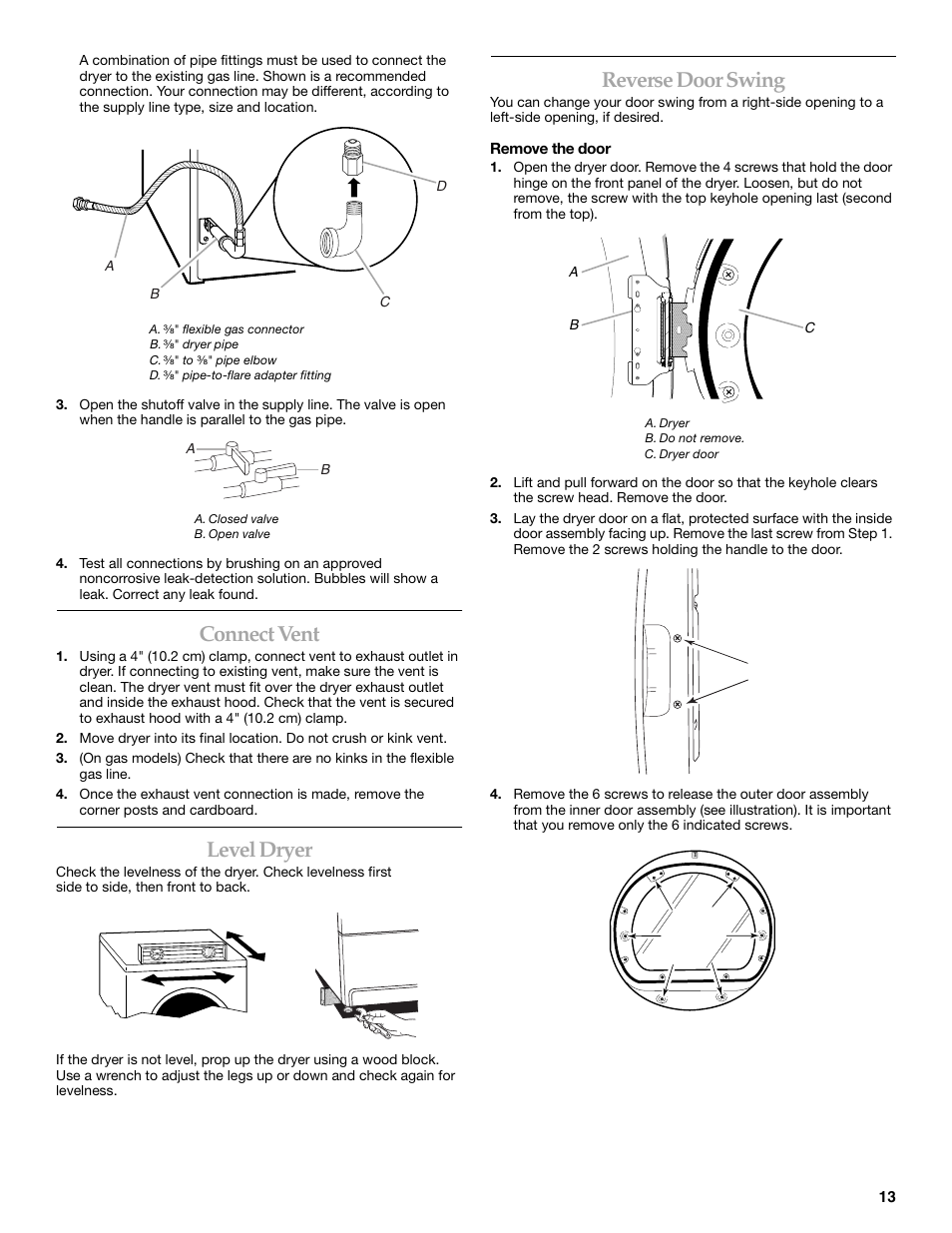 Connect vent, Level dryer, Reverse door swing | Maytag W10099060 User Manual | Page 13 / 76