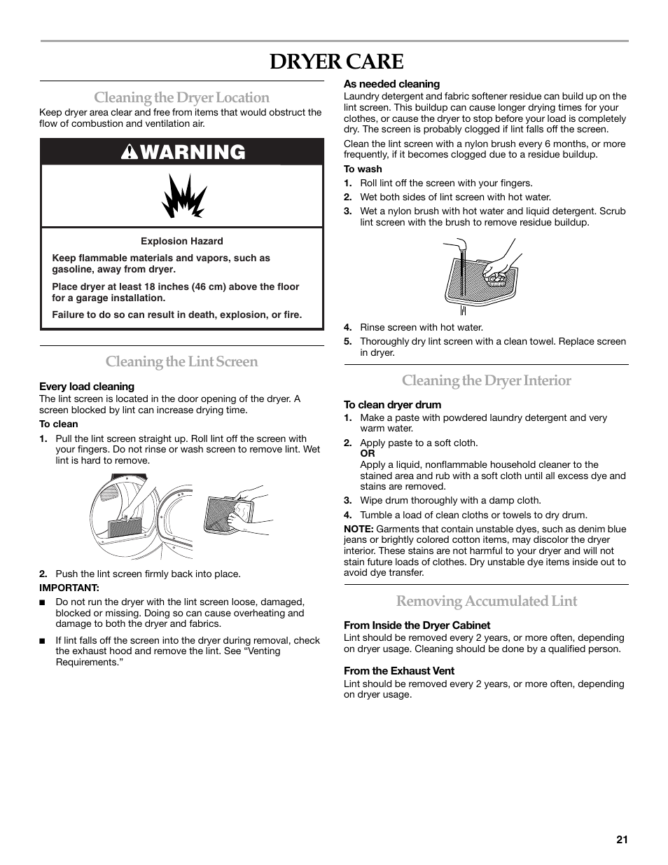 Dryer care, Warning, Cleaning the dryer location | Cleaning the lint screen, Cleaning the dryer interior, Removing accumulated lint | Maytag W10099060 User Manual | Page 21 / 76