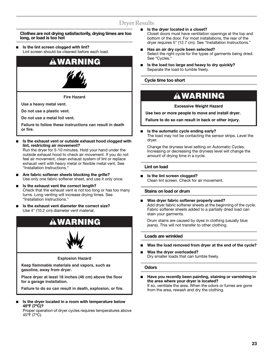 Warning, Dryer results | Maytag W10099060 User Manual | Page 23 / 76