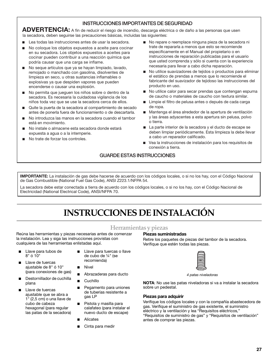 Instrucciones de instalación, Herramientas y piezas, Advertencia | Instrucciones importantes de seguridad, Guarde estas instrucciones | Maytag W10099060 User Manual | Page 27 / 76