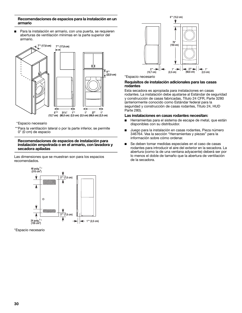 Las instalaciones en casas rodantes necesitan | Maytag W10099060 User Manual | Page 30 / 76