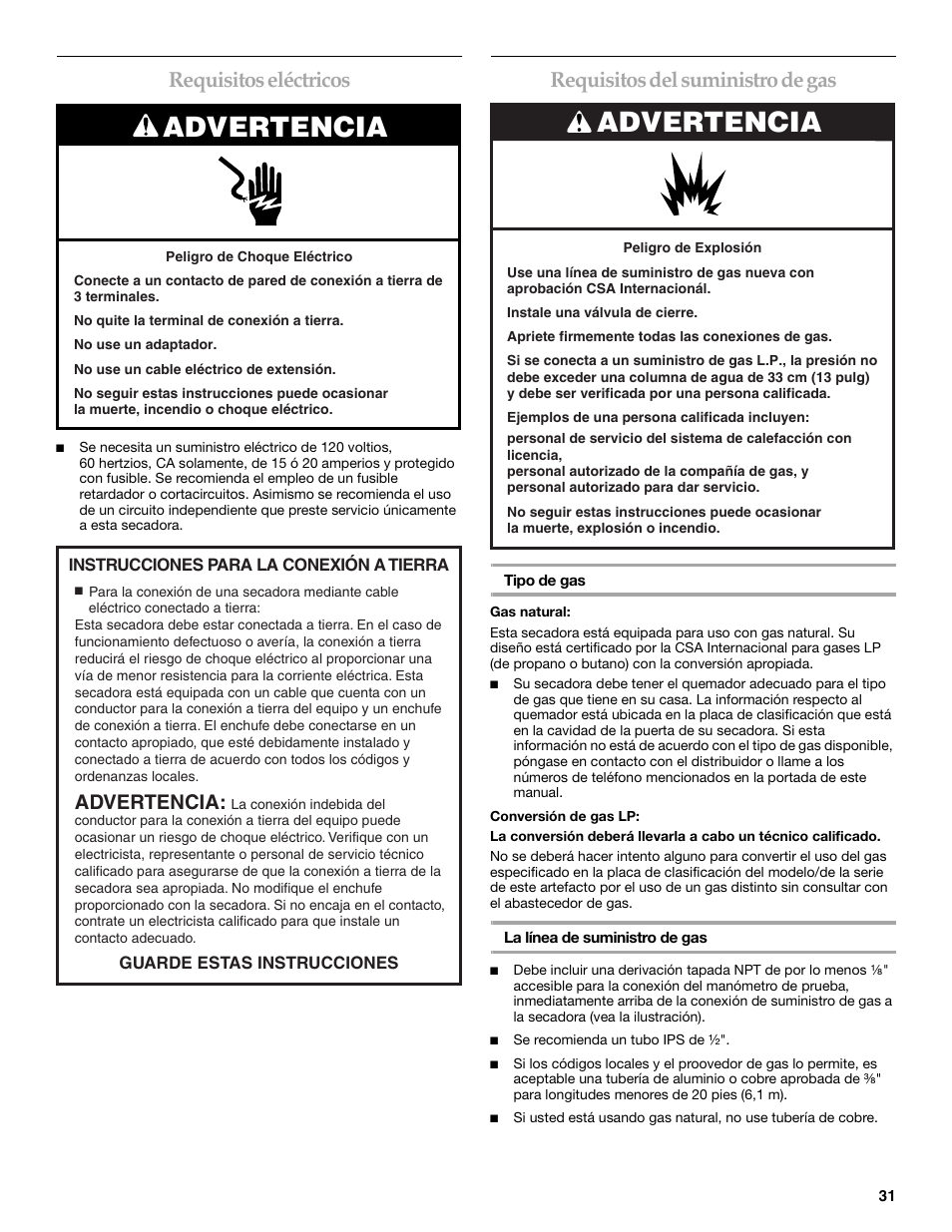 Advertencia, Requisitos eléctricos, Requisitos del suministro de gas | Maytag W10099060 User Manual | Page 31 / 76