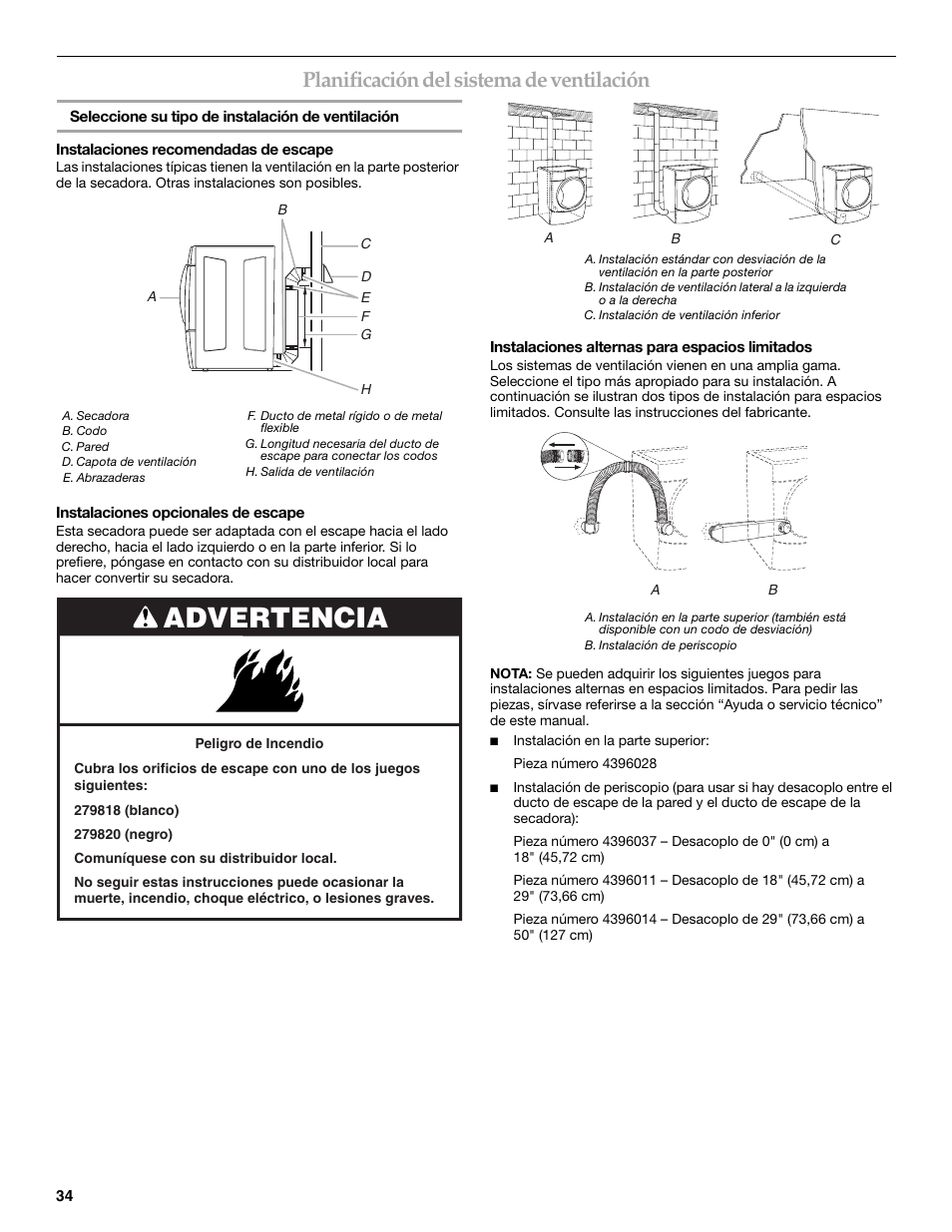 Advertencia, Planificación del sistema de ventilación | Maytag W10099060 User Manual | Page 34 / 76