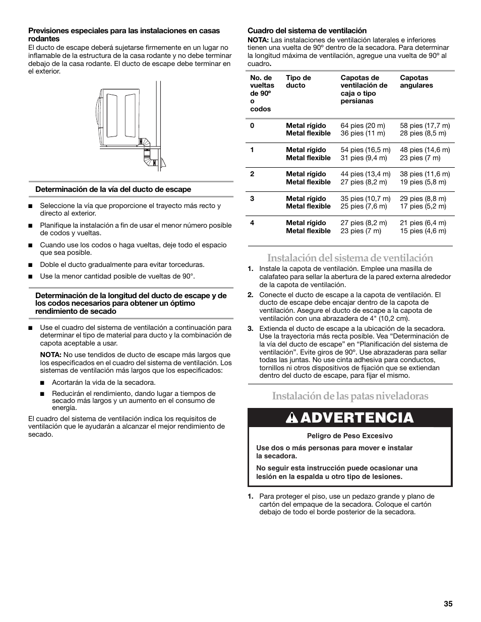 Advertencia, Instalación del sistema de ventilación, Instalación de las patas niveladoras | Maytag W10099060 User Manual | Page 35 / 76