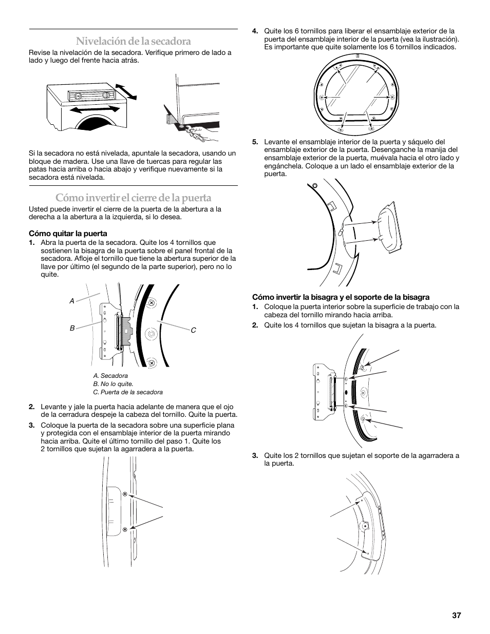 Nivelación de la secadora, Cómo invertir el cierre de la puerta | Maytag W10099060 User Manual | Page 37 / 76